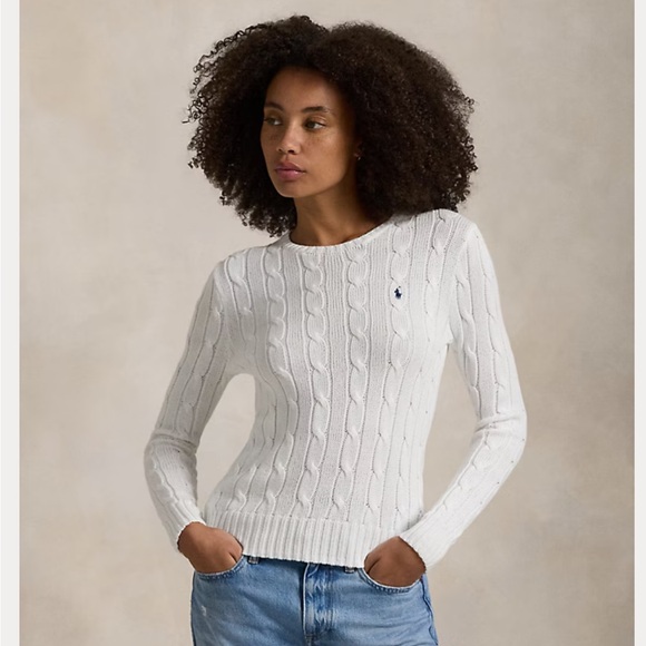 Ralph Lauren White Cable-Knit Scoop Neck Sweater with Navy Pony - Picture 2 of 6